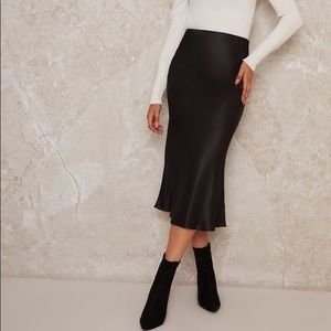 Black satin midi skirt